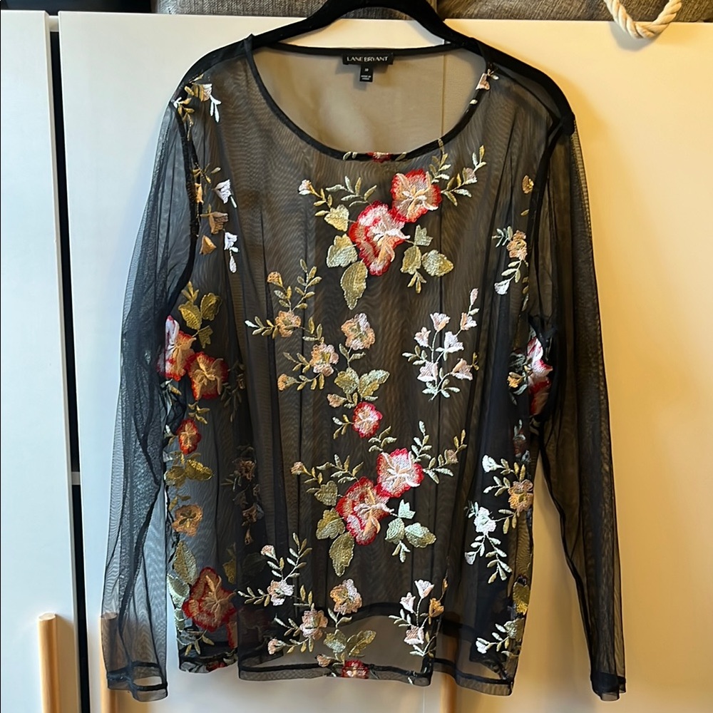 Lane Bryant Black Sheer Floral Embroidered Mesh Blouse